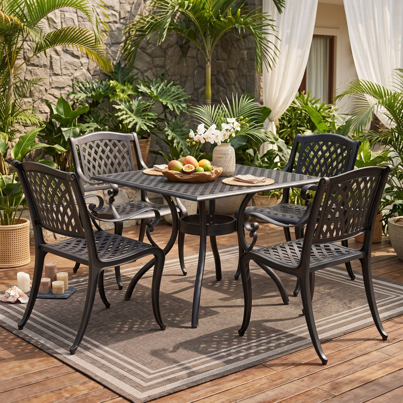 Ensemble de salle à manger d'extérieur 5 pièces avec structure en aluminium moulé, chaises en maille, mobilier de patio résistant aux intempéries