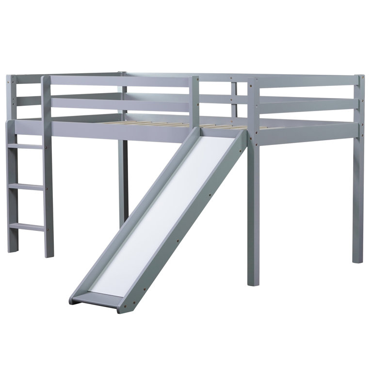 Twin Low Loft Bed with Slide, Ladder & Safety Guardrails – Grey Rubber Wood Kids Space-Saving Loft Bed, Gray