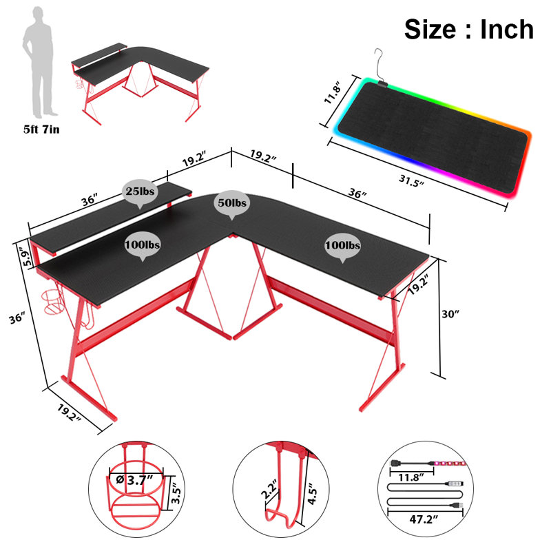 Benvinda L-Shaped Metal Base Writing Desk, Red
