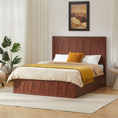 Queen Size Solid Wood Platform Bed Frame with Side Storage Drawers, Curved Headboard Wood Slat Support, No Box Spring Needed, Minimalist Natural Wood Bedroom Bed( Queen)