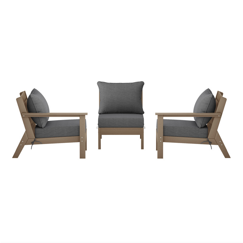3-Piece Deep Seating Set With Cushions, Light Brown, Gray