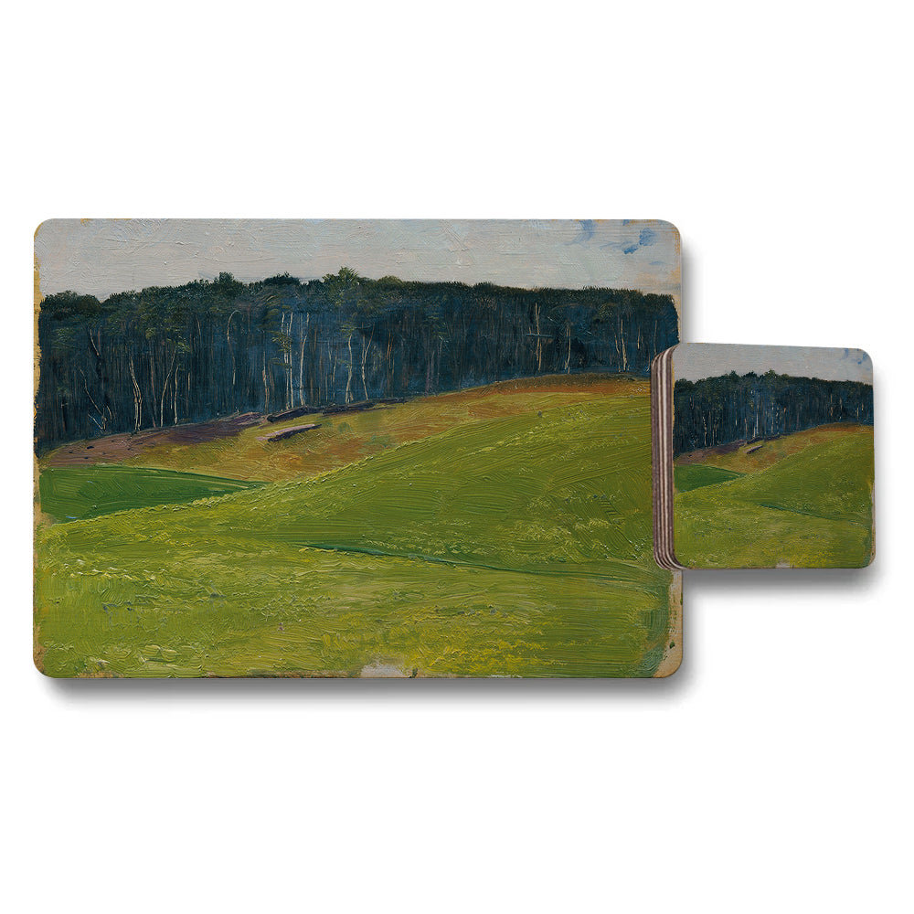 Landscape Placemat and Coaster Set With Green Field and Forest Design