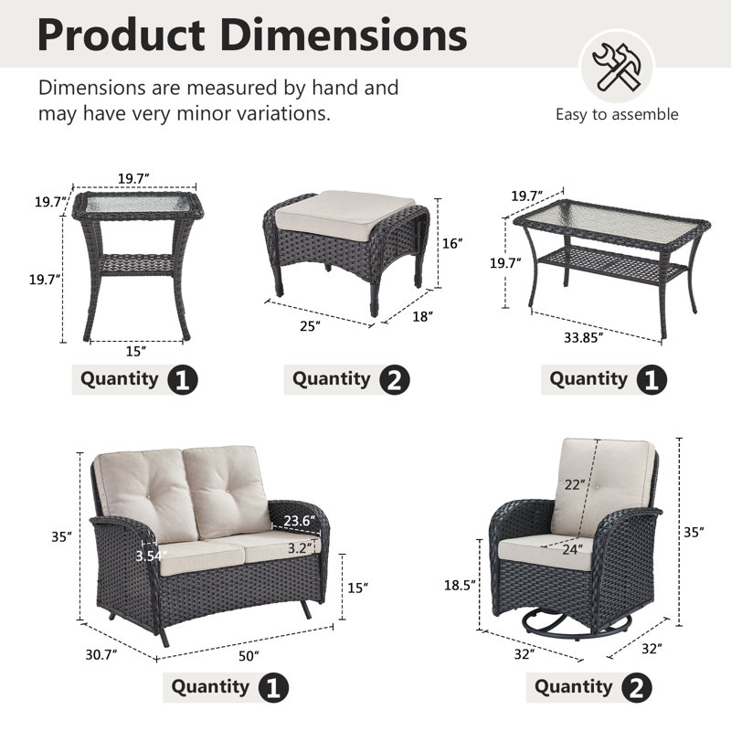Gaetanino 7-Pieces Outdoor Conversation Set with Swivel Rocking Chairs and Glider Loveseat, Beige, Black