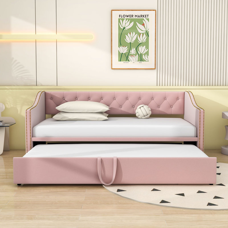 Twin Wood Upholstered daybed with Twin Trundle, Pink