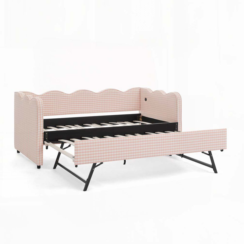 Upholstery Daybed with Pop-Up Trundle,USB Port, Pink