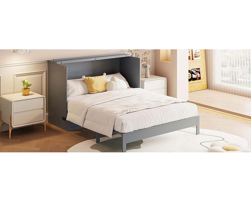 Lit escamotable double avec grands tiroirs, gris, Grey, Lit double