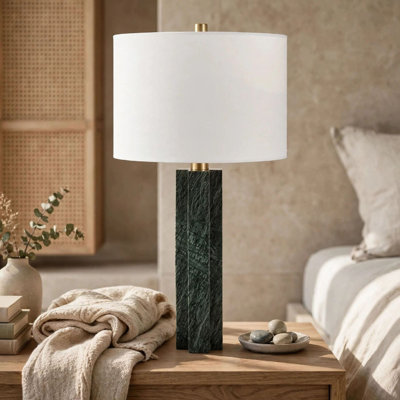 Keya Table Lamp, White Drum Shade, Dark Green Marble Base, 28 Inch