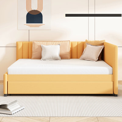 Yellow Linen Daybed With Flexible Trundle, No Box Spring, Solid Wood Frame For Various Needs Full Size Trundle In Linen, Build, Spring A Long-Term Bedroom Comfort