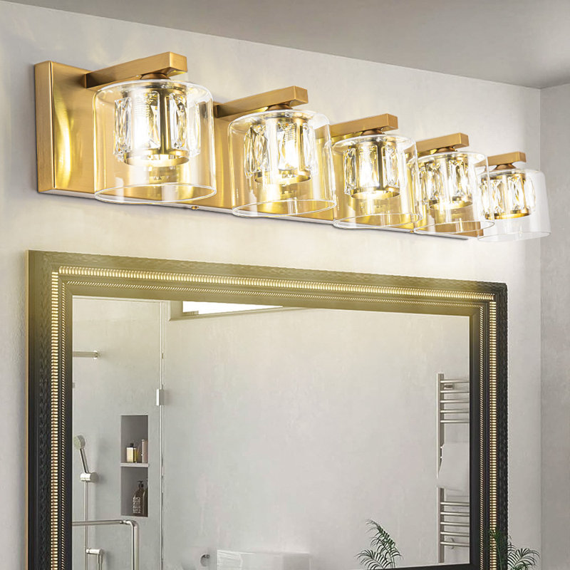 Delvon 5-Light Bathroom Dimmable Vanity Light Clear Glass & Crystal, Gold
