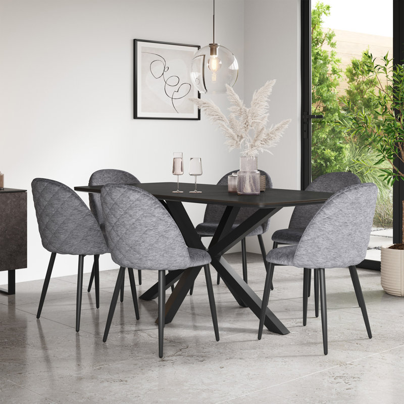 Juno 180cm Concrete Effect Ceramic Dining Table Set with 6 Raye Velvet Chairs, Grey