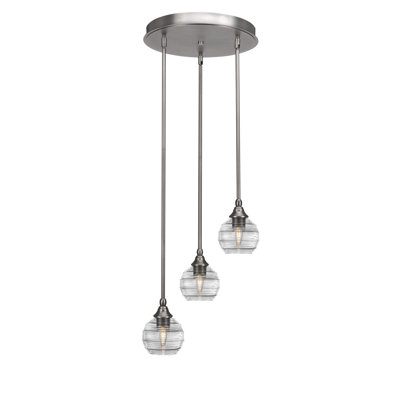 Empire 3 Light Stem Hung Cluster Pendalier With 6" Clear Ribbed Glass