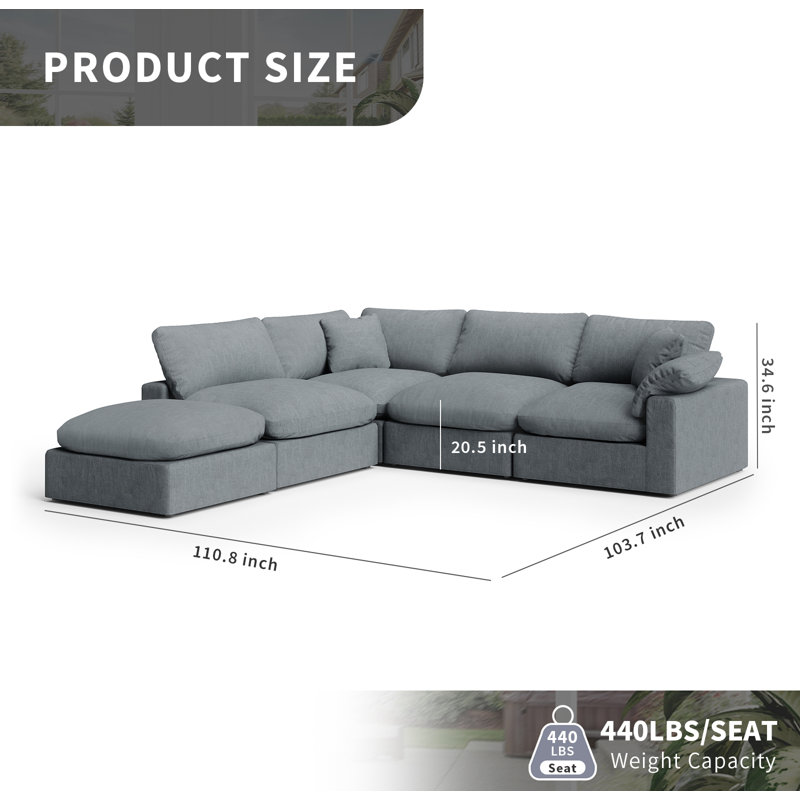 Upholstered Cloud Modular Sectional Sofa, Modern Comfy Couch Filled With Down, Convertible Deep Seat Couches For Living Room Apartment Lounge Bedroom