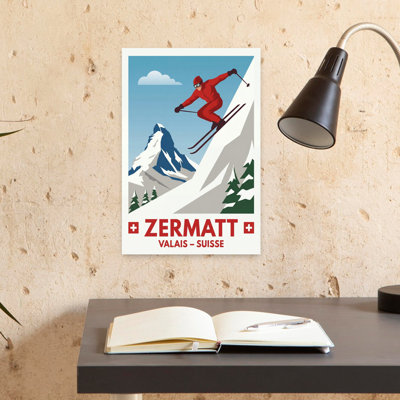 Zermatt, skieur, Matterhorn, Alpes, rétro, rétro, montagne, hiver, art mural