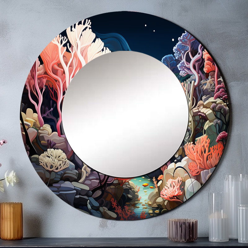 Coral World Expression I - miroir coraux, miroir mural rond rose unique, impression d'art en métal, 23 po x 23 po