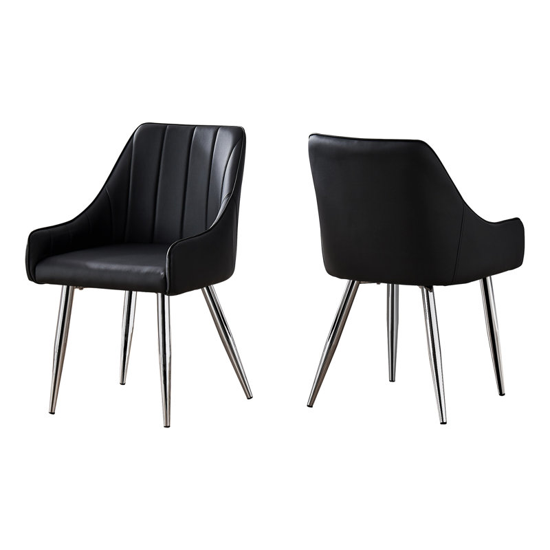 Black Faux Leather Upholstered Dining Chair with Silver Metal Legs, Set of 2