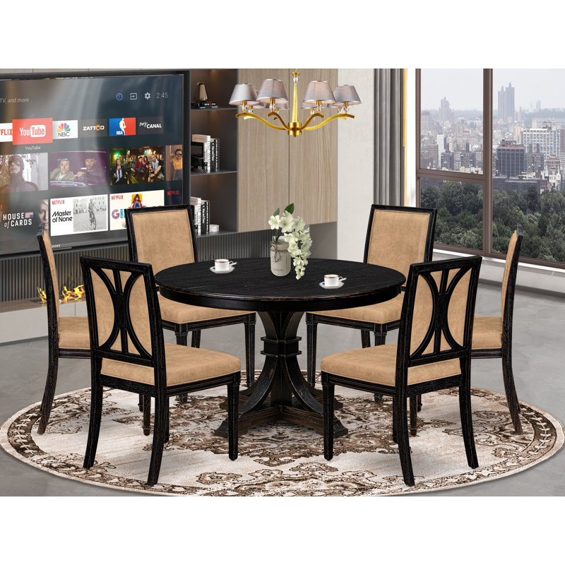 L'ensemble de table de salle à manger 7 pièces comprend une table de salle à manger et 6 chaises Parsons en tissu de polyester beige à haut dossier - finition sablée