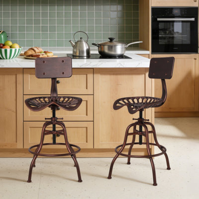 SET OF 2, Adjustable Industrial Home Bar Stools - Cast Iron Tractor Seat Swivel Metal Farmhouse Dining Stools - Counter & Pub Height 22.44" To 27.56" - Copper