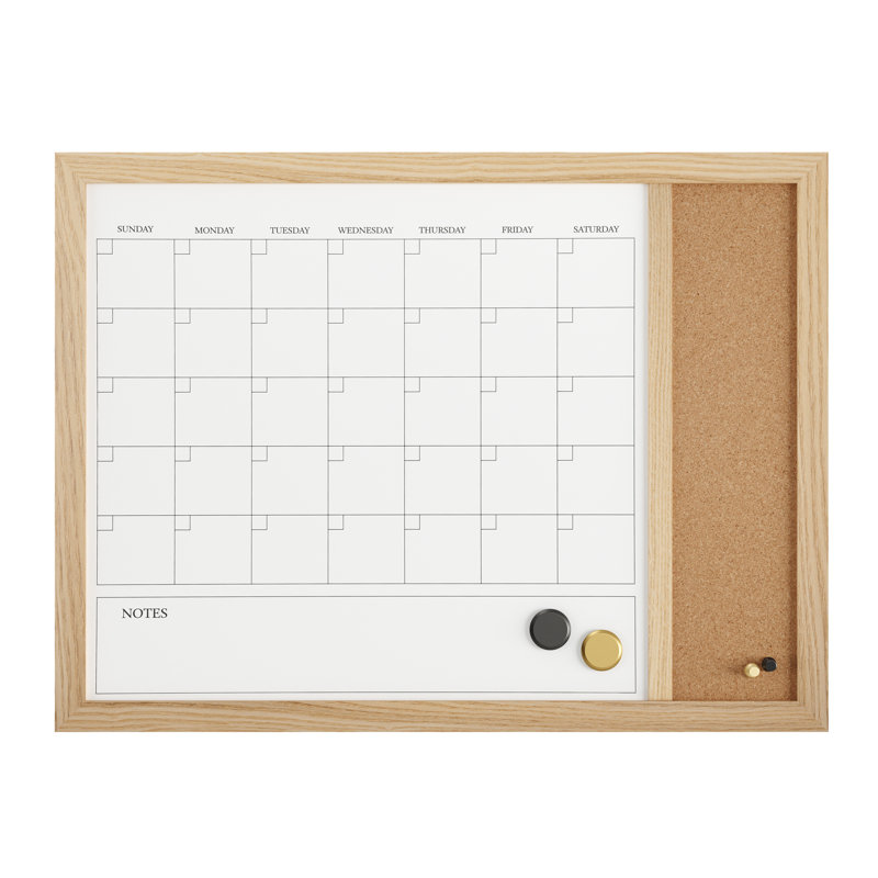 Thomas Martha Stewart Magnetic Dry Erase Monthly Calendar and Cork Board Combo with Included Marker, Magnets, Brown