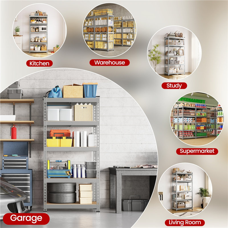 Tevis 60" H x 27.5" W x 12" D 5 Tiers Boltless Adjustable Storage Shelf Goods Rack, Light Gray