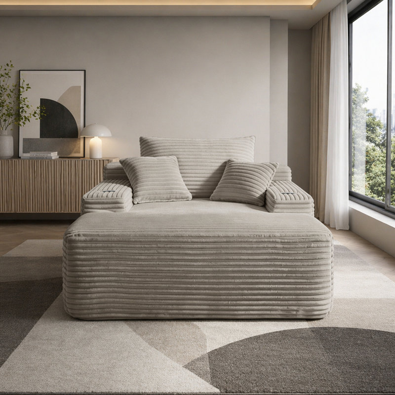 Méridienne convertible, canapé-lit désossé avec accoudoirs larges et coussins décoratifs, méridienne rembourrée en velours côtelé, aucun assemblage requis