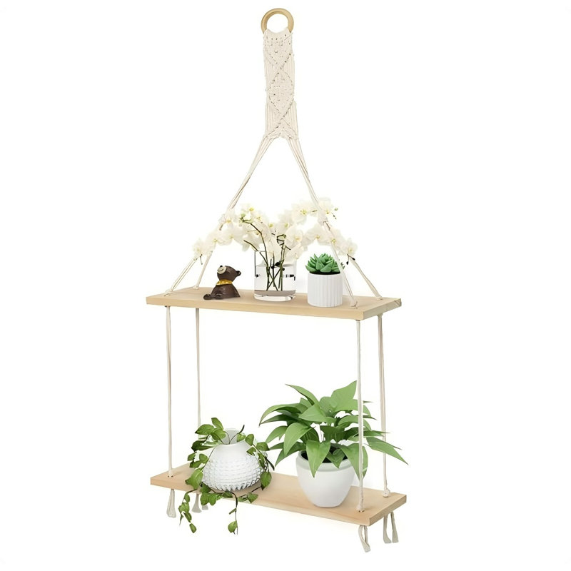 Macrame Wall Hanging Shelf Boho Floating Shelves Cotton Rope Rustic Home Decor 2 Tiers Plant Hanger Photo Display Tissue Towel Storage Organizer For Living Room Bedroom Bathroom Hallway