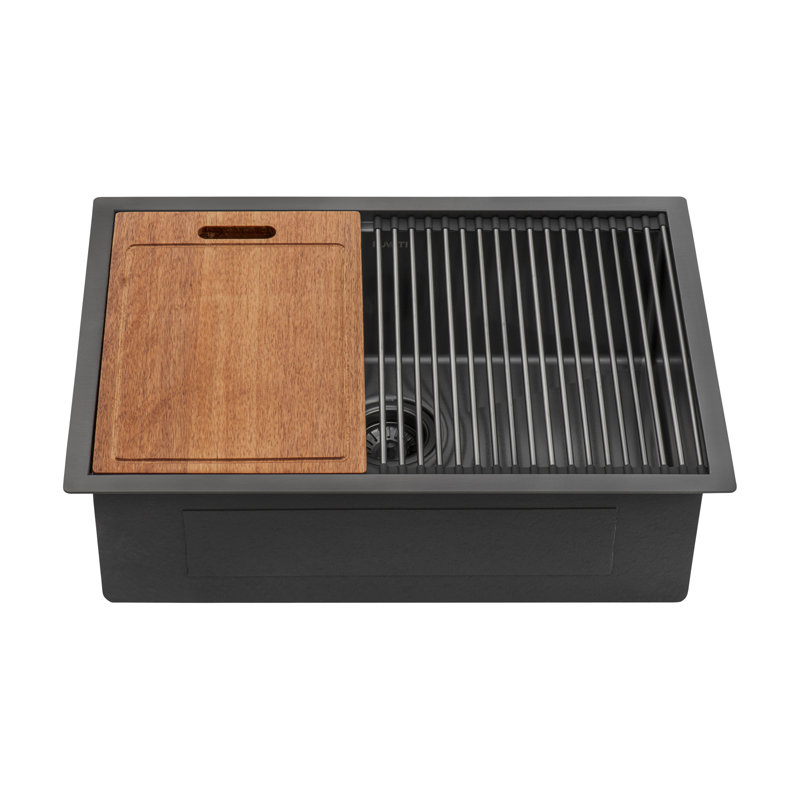 Workstation 27" L x 19" W Undermount Kitchen Sink with Sink Grid and Drain Assembl, Matte Black