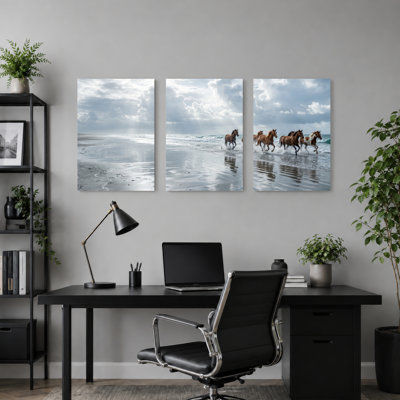 Ensemble de 3 tableaux sur toile représentant des chevaux sur la plage, pour la décoration du salon, de la chambre et de la maison.