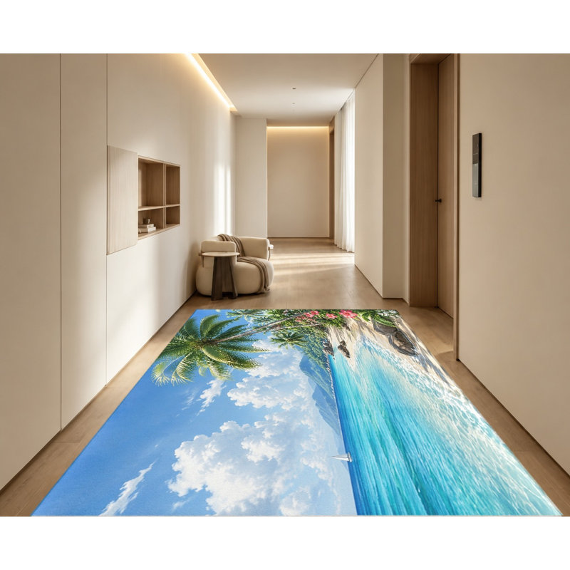 Tapis d'intérieur motif paysage tropical et plage, palmiers et bord de mer, antidérapant, idéal pour le salon, la chambre à coucher, la cuisine, l'entrée ou un appartement.