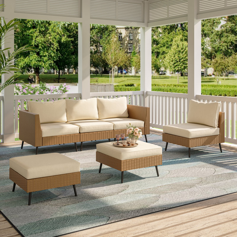 Ensemble de conversation modulaire avec coussins 6 pièces, Coussin blanc/ Cadre brun