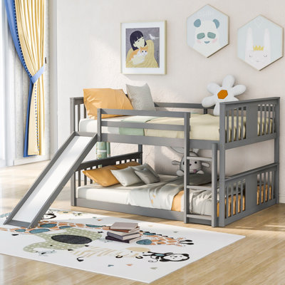 Full Over Full Bunk Bed with Ladder & Slide – Grey Kids & Teen Space-Saving Loft Bed