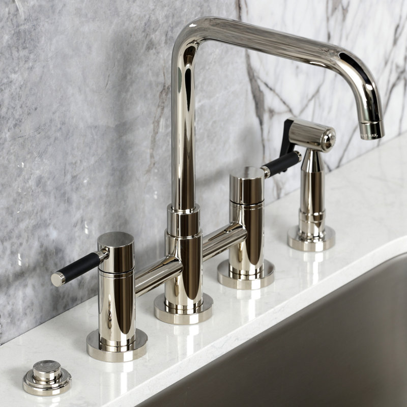 Kingston Brass Kaiser Two-Handle 4-Hole Deck Mount Bridge Kitchen Faucet with Brass Side Sprayer, Polished Nickel