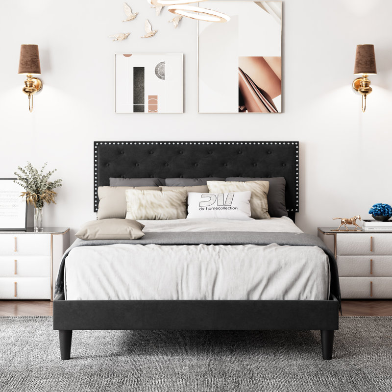 Aleiny Velvet Bed with Adjustable Upholstered Headboard, Full, Black
