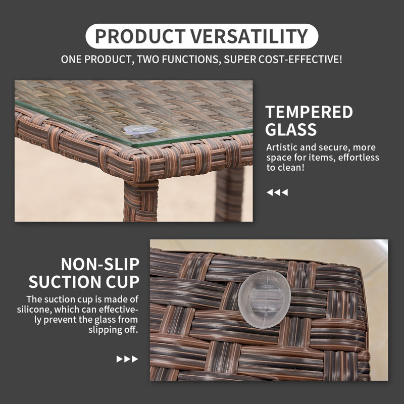 Lavara Outdoor Wicker Side Table Patio Coffee Table Glass Top 2-layer End Square Table, Brown