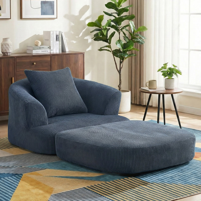 Fauteuil demi-tonneau d'appoint convertible surdimensionné rembourré, Velours côtelé bleu