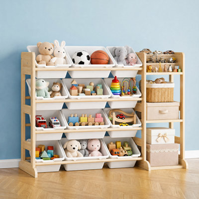 Kids Toy Storage Organizer, 12 Bins & 3 Open Shelves Wooden Storage Cabinet, Solid Wood Toy Shelf for Playroom, Bedroom & Living Room