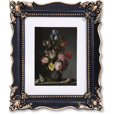 8x10 Vintage Picture Frame with Embossed Flower Design, Black Ornate Frame for 8x10 or 5x7 Pictures with White Mat, Hand-Crafted Resin Antique Frames for Tabletop & Wall Hanging, Home Decor (Black)