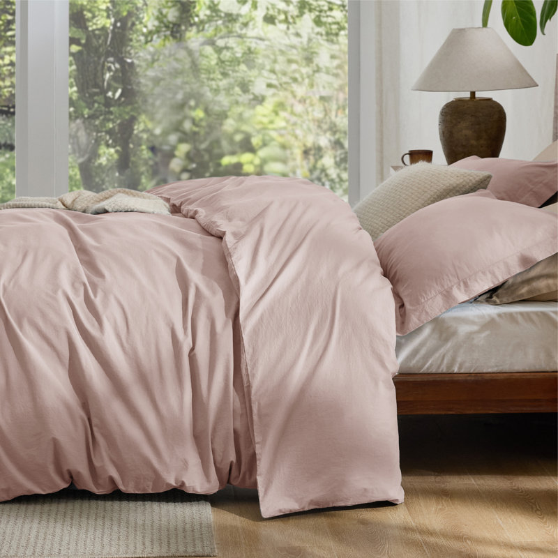 Bedsure 100% Washed Cotton Duvet Cover Set, Full Duvet Cover + 2 Shams(20"*26"), Rose Pink