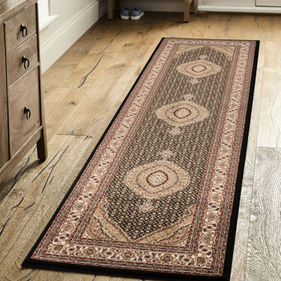 Tapis de couloir luxueux, victorien, fabriqué à la machine, 2 pi 7 po X 9 10 po, noir et 100% polypropylène, vestibule classique, médaillon, velours en polypropylène, envers en jute, espaces de vie