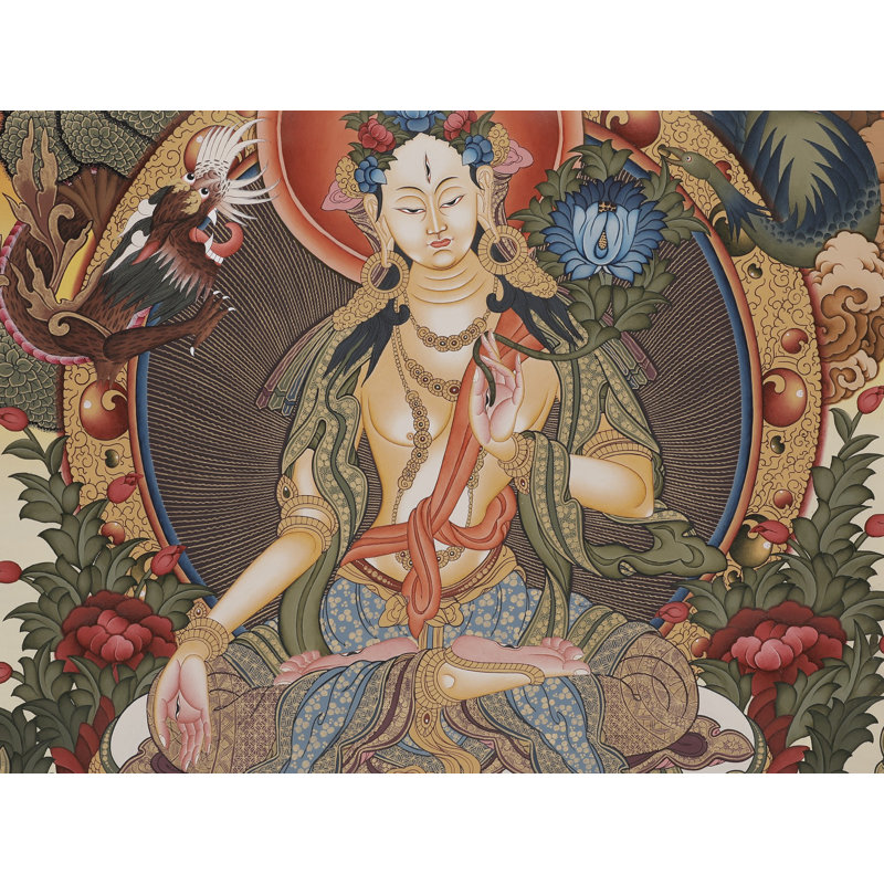 Déesse blanche Tara Brocadeless Thangka | Art mural bouddhiste tibétain peint à la main | Décoration en or 24 carats de guérison et de bienveillance (36,2 po x 24,4 po)