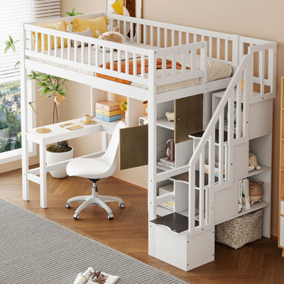 Twin Size White Wood Loft Bed With Built - In Desk, Led, 2 Tier Shelving, 6 Storage Cabinets And Staircase For Bedside Blueprint Productivity