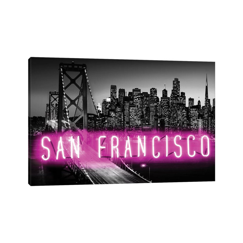 Neon San Francisco Pink On Black by Hailey Carr - Wrapped Canvas Print, 20.32 cm H x 30.48 cm W
