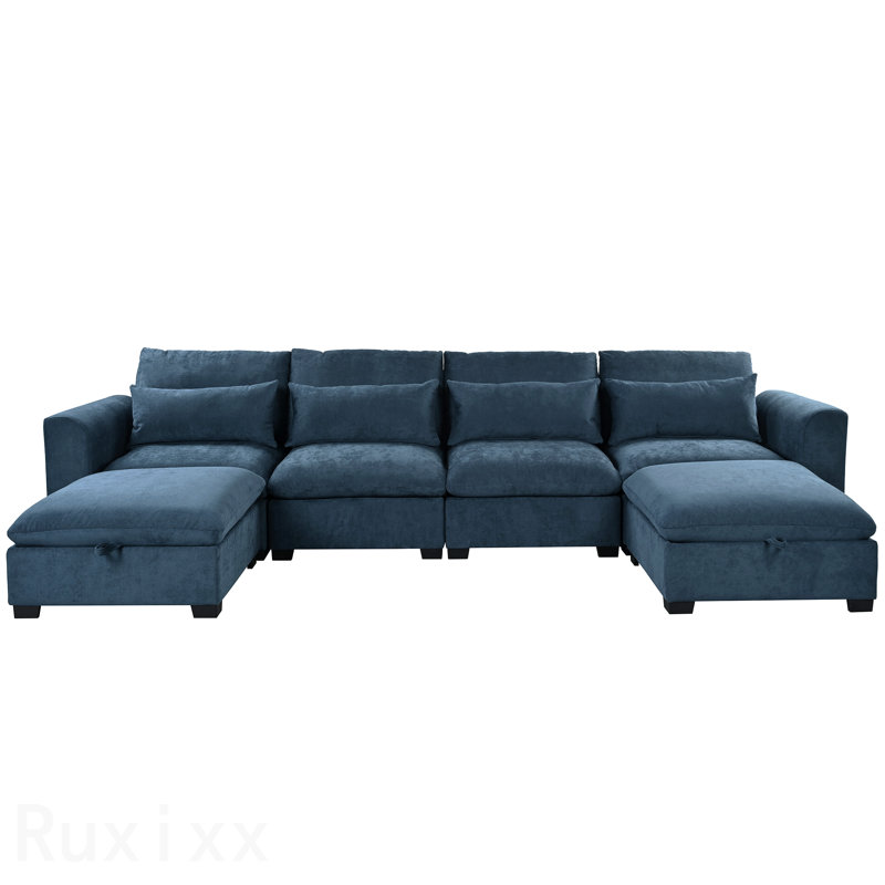 U-Shaped Modular Sectional Sofa with Storage Ottomans, Linen Fabric