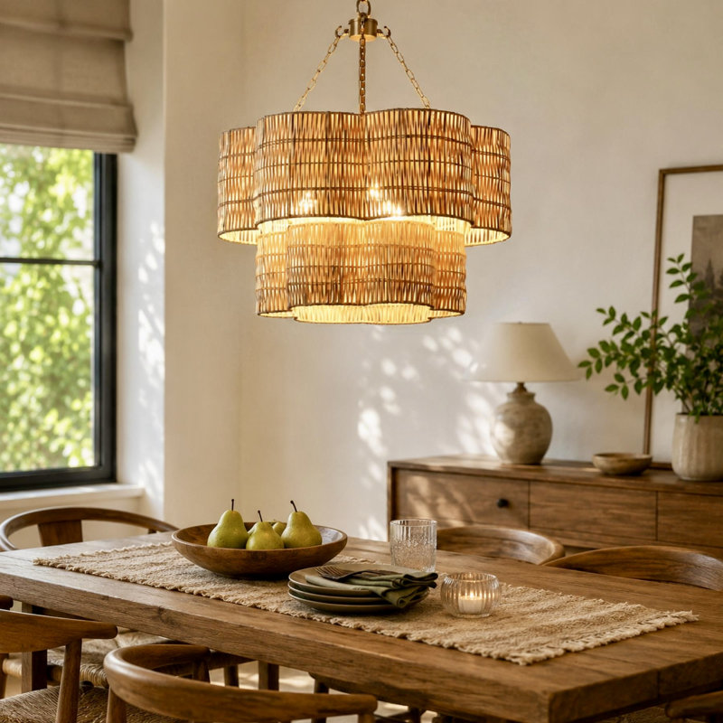 6-Light Scalloped Rattan Drum Chandelier, 2 Tiers