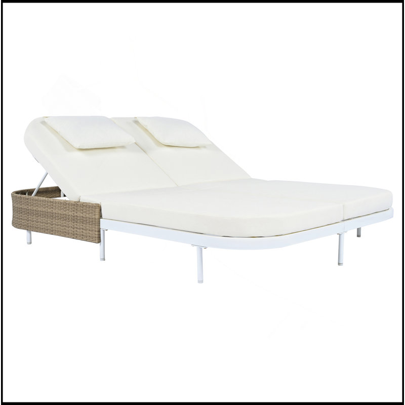 Outdoor Daybed, Patio Rattan Daybed With 5-Position Adjustable Backrest And Removable Cushions&Pillows, Iron Frame Outdoor Bed Loveseat For Garden, Backyard, Poolside (White Frame+Beige Cushion)