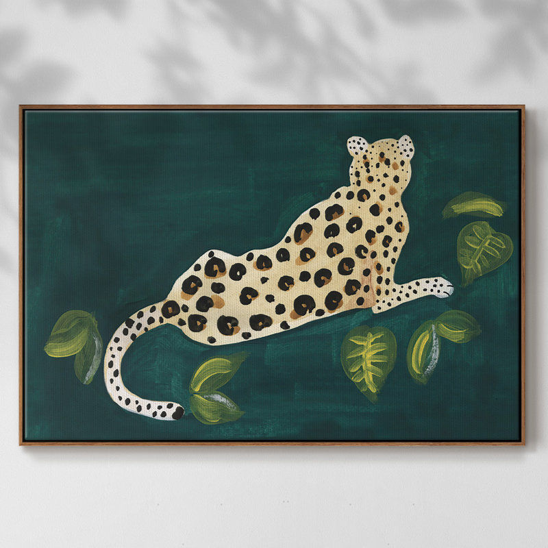 «Lethargic Leopard I», peinture sur toile encadrée, H 17 po x l 25 po x P 2 po, Cadre noyer