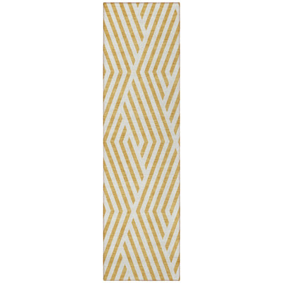 8' Runner Gold and White Geometric Washable Non Skid Indoor Outdoor Runner Rug