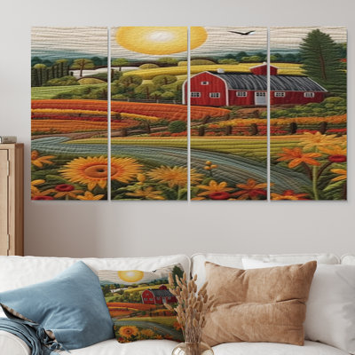 Tournesol champ rouge Bard vert campagne - ferme, art mural 4 pièces