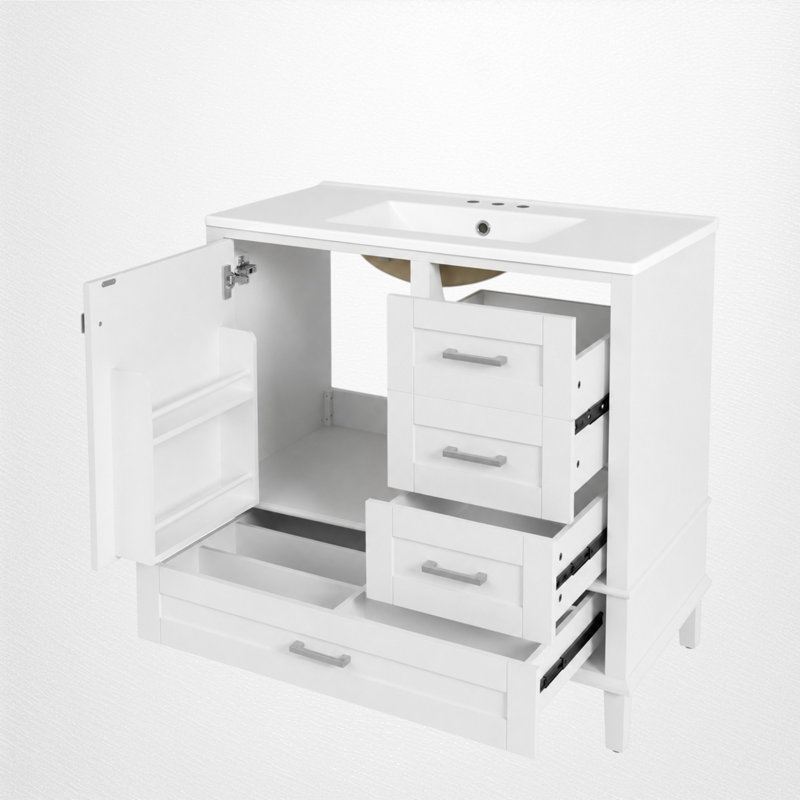 Meuble-lavabo simple de 91 cm (36 po) avec lavabo en céramique, tiroirs et armoire, fermeture amortie, style traditionnel, salle de bain