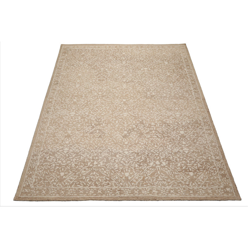 Tapis transitionnel brun clair en laine crocheté à la main, Rectangle de 5 pi x 8 pi