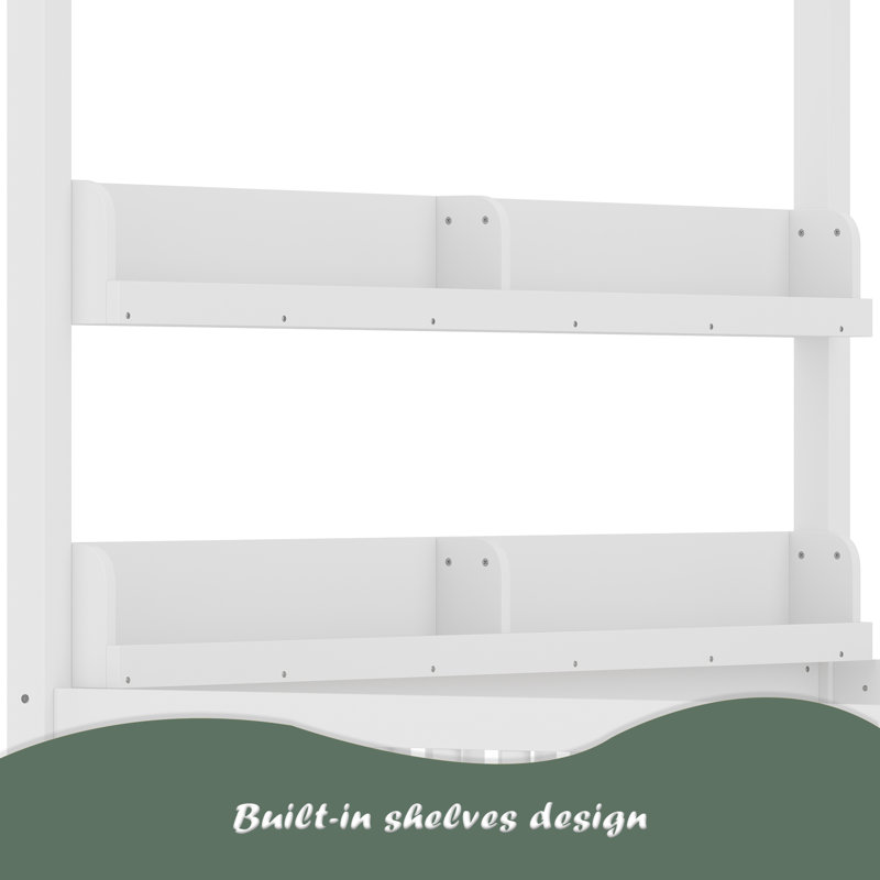 Lit à baldaquin avec garde-corps, lit en bois massif avec tablettes, cadre de lit pour enfants, garçons, filles, sans sommier à ressorts